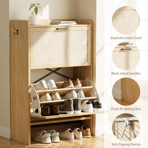 Natural Shoe Storage Cabinet with Flip Drawers & Slim 3-Tier Rack - Small Entryway Organizer