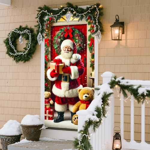 Nuxovilar Christmas Door Cover Christmas Banner Festive Santa with Teddy Bears Winter Holiday Decor for Home Indoor Outdoor (35x71 Inches)