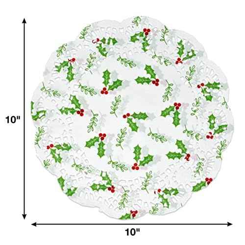 Gift Boutique - 100 Christmas Paper Doilies 10" Disposable Round White Lace Doily with Green Holly Leaves and Red Berries for Xmas Holiday Crafts Wedding Accent & Dinner Table Decorations
