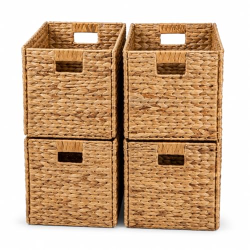 4-Pack Water Hyacinth Wicker Storage Baskets 13x11x11in for Shelving - Handwoven Natural Farmhouse Style