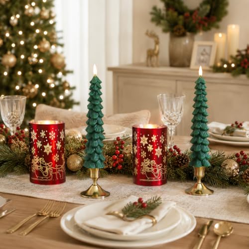 Lezonic Red & Green Flameless Christmas Candles with Remote - Battery Operated Set of 4, Lifelike Wax Xmas Decor