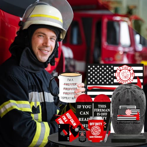 Firefighter Gifts Set with Mug, Hat, Socks, Plaque & Keychain for Men Women