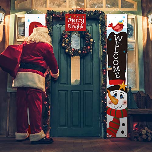 Sumind 3 Pieces Christmas Banner Decorations, Red Welcome Merry Christmas Porch Sign Bright Santa Claus Snowman Door Banner Hanging Decor for Winter Holiday Theme Party Supplies