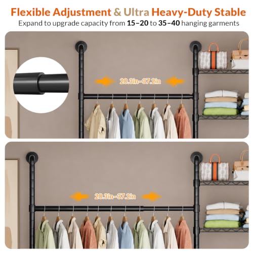 Black Wall Mounted Clothes Rack with 2 Drawers - 3-Row Expandable Closet