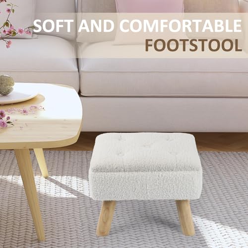 Cream Storage Ottoman Footstool with Padded Teddy Velvet Seat & Wooden Legs