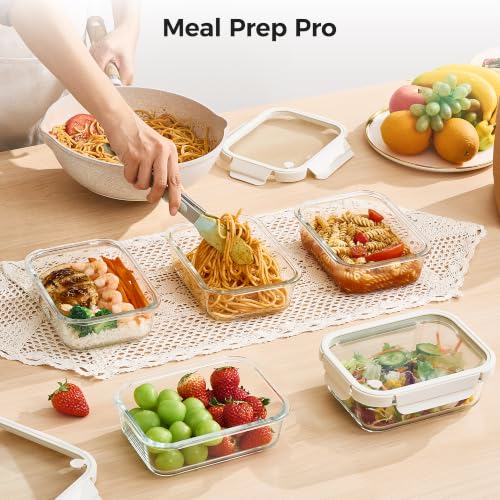 Glass Food Storage Containers with Glass Lids & Air Vent - 5 Pack, 35oz, White
