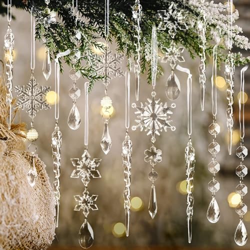 18pcs Christmas Tree Decoration Crystal Ornaments - Hanging Acrylic Christmas Snowflake Icicle Drop Crystal Ornaments for Xmas Tree Winter New Year Party Supplies