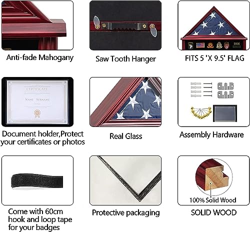 Large 5'x9.5' Mahogany Military Flag Shadow Box Display Case with Certificate Holder – Tieeqe