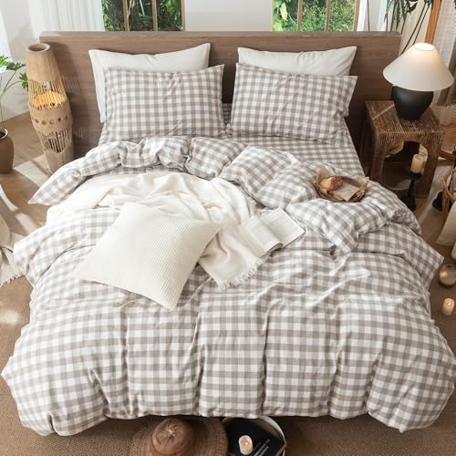 Buffalo Plaid Tannish Linen Grey Gingham Duvet Cover Set Queen - MooMee