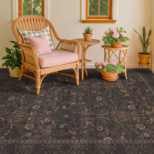 Evyhood 5' x 7' Dark Brown Washable Area Rug with Floral Pattern for Living Room & Bedroom
