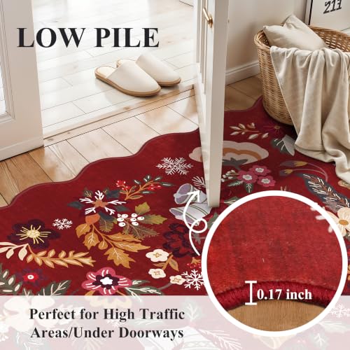 BYYVOO 2' x 3' Christmas Red Floral Area Rug with Non-Slip Backing, Scalloped Edges