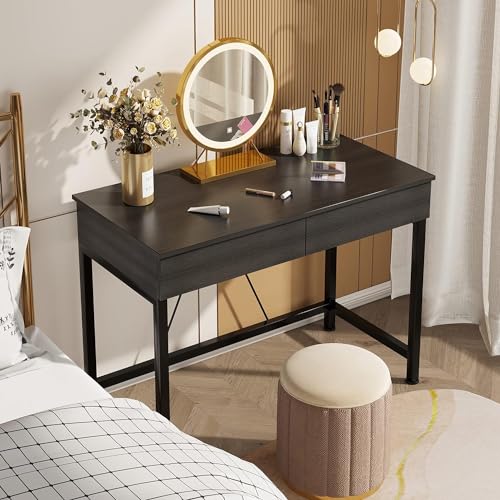 CAIYUN Small Computer Desk with Wooden Drawers - 39 Inch Black Home Office Table