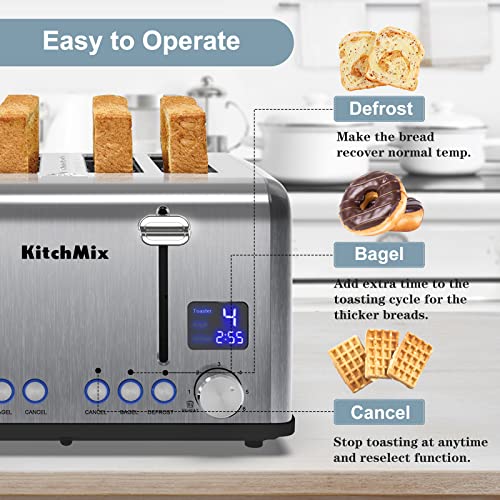 KITCHMIX 4 Slice Stainless Steel Toaster with LCD Timer & Wide Slots - Dual Control & Bagel Function