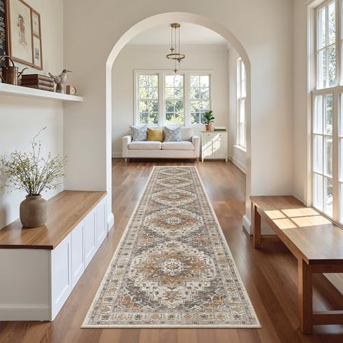 Madane Washable Runner Rug 2x12 Ft Turmeric & Grey Non-Slip Hallway Carpet