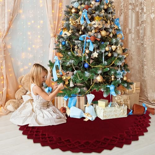 TOCHGREEN Red Knitted Christmas Tree Skirt 48 Inch Rustic Holiday Decor