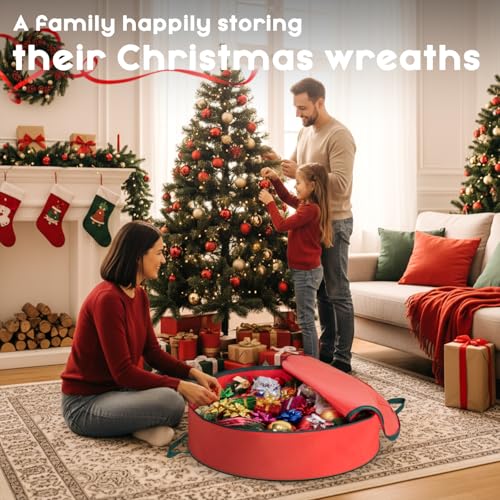 Criusia Red 24x8 Inch Wreath Storage Bag with Handles & Dual Zipper - Holiday Organizer