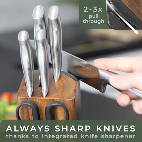 7-Piece Kitchen Knife Set with Block and Integrated Sharpener - WALDWERK