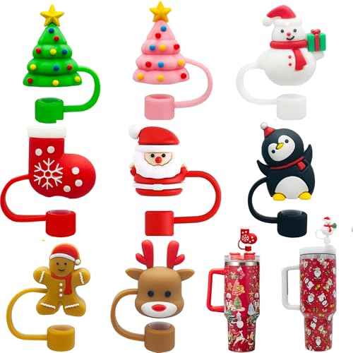 8PCS 3D Christmas Straw Cover Cap for Stanley Cup, Xmas Silicone Straw Topper Compatible with 30&40oz Tumbler with Handle,10mm 0.4in Dust-Proof Reusable Straw Tips Lids for Christmas Gifts