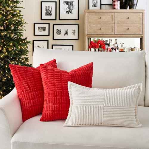 Topfinel Christmas Throw Pillow Covers Set of 2 Soft Corduroy Decorative Red Pillow Covers Textured Striped Patchwork Cushion Cases for Couch Sofa Bed Cute Aesthetic Home Decor 16x16 Inch