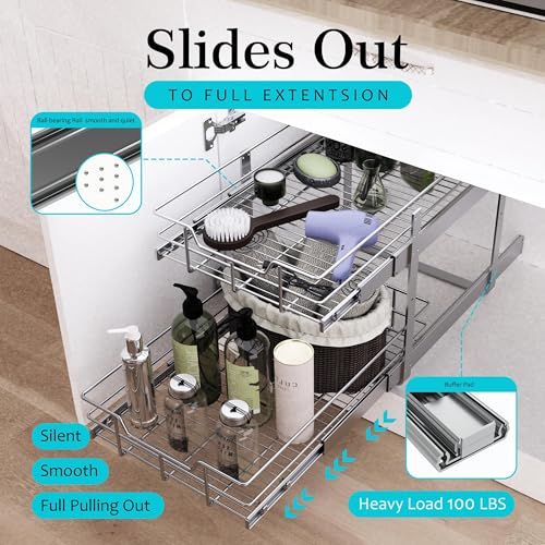 2-Tier Pull Out Cabinet Organizer - Chrome-Plated, 15" W x 22" D, Full Slide