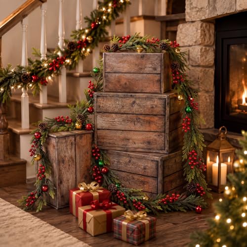 Christmas Stacking Gift Boxes with 6ft Red Berry Garland Decor Set