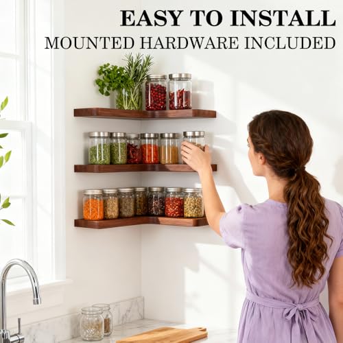 Acacia Floating Corner Shelves Set of 3 Wall Mount Wooden Storage Shelves