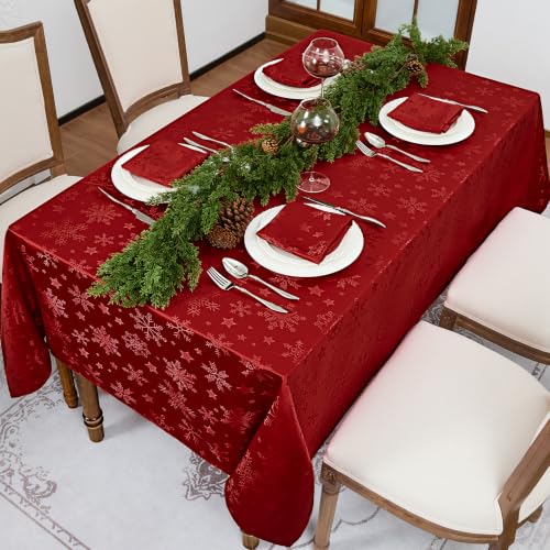 Romanstile Red Christmas Jacquard Rectangular Tablecloth 60x102 Inches with Snowflake Pattern