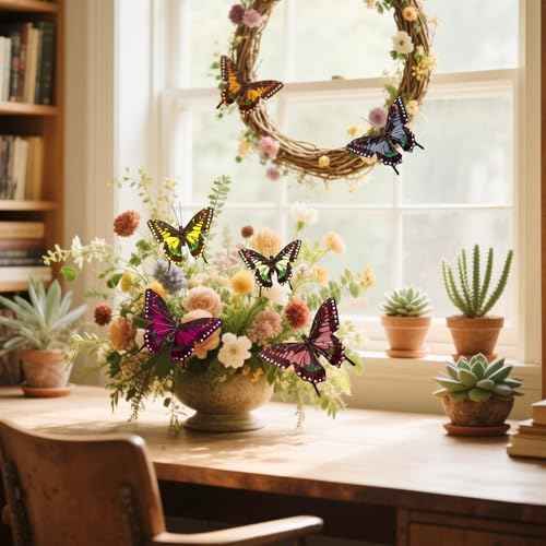 12pcs Earth Tone Butterfly Fall Decoration Thanksgiving Christmas Tree Ornaments 5-Inch Feather Butterfly Clip for Flower Bouquets Birthday Party Clothes Decor Xmas Wreath Crafts