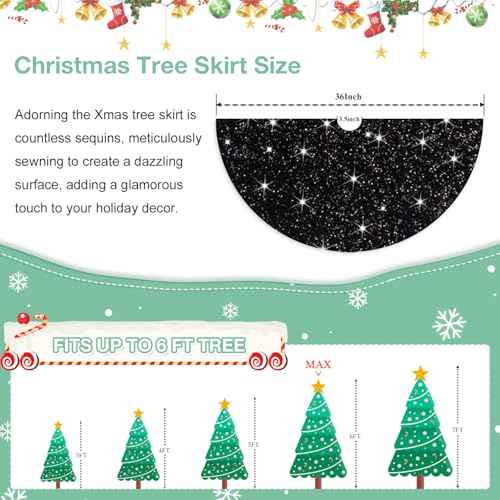 Black Christmas Tree Skirt Velvet 36 Inches Round Glittery Sequin Tree Skirts Xmas Tree Base Cover Mat Outdoor Tree Skirt Christmas Black Halloween Tree Decorations for Family Party Decor