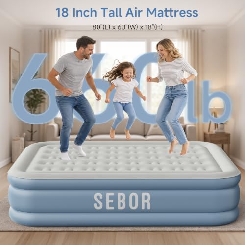 Twin Air Mattress with Built-in Pump - 18-Inch, Blue Gray, Self-Inflating, Portable for Camping & Guests