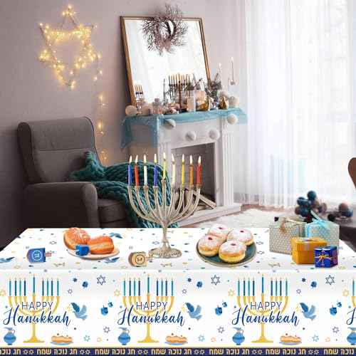 Oigco 3Pcs Hanukkah Tablecloth Hanukkah Theme Table Cloth, Hanukkah Decorations for Happy Hannukah Decorations Table Cover for Plastic Chanukah Jewish Chanukah Party Supplies, 108 x 54 inch