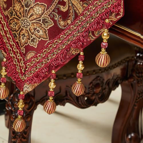 LUFEIJIASHI Luxury Vintage Table Runner 12x48in Embroidered Jacquard with Red Beaded Tassels