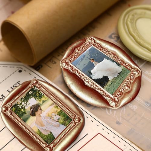 YOLAKIS 3D Frame Wax Seal Stamp with Wood Handle – Oval Embossed Frame Seal, Interchangeable Head, Gift for Invitations