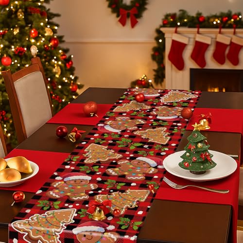 Gingerbread Man Table Runner 13 x 108 Inch - Christmas Plaid Kitchen & Dining Decor