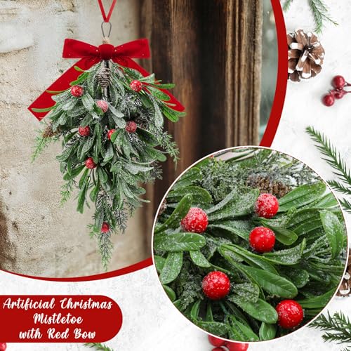 Suncalla 2-Pack 16-Inch Christmas Teardrop Mistletoe Decorations with Berries & Red Bows