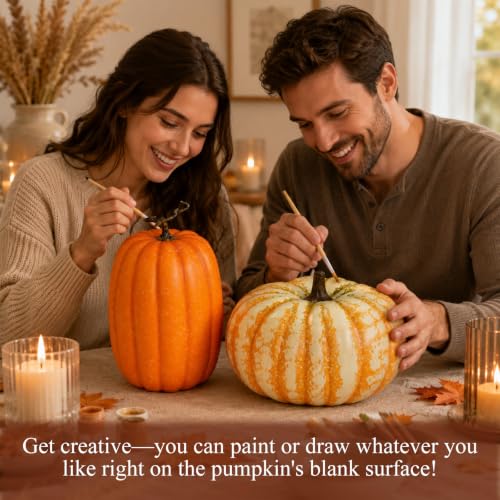 Large Fake Orange-White-Green Pumpkin Set - Harvest Fall Autumn Decor - Frosted Foam Vegetables - Halloween & Thanksgiving
