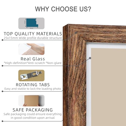 Hongkee Rustic Brown 11x14 Picture Frame Set of 4 with Glass & Mat for Wall or Table Display