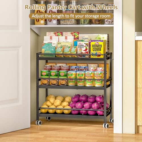 Black 3-Tier Expandable Rolling Pantry Organizer with Hooks — Kitchen Storage Cart
