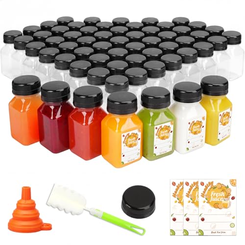 4 oz Plastic Juice Bottles Set - 100 Pack with Caps, Labels & Brush - Variation of 4.0 Ounces / 100