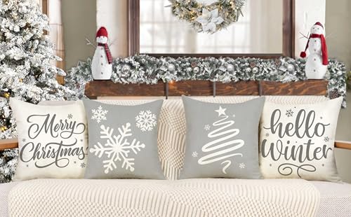 4PACK Gray 18x18 Pillow Covers Set of 4 – Farmhouse Snowflake Hello Winter Christmas Decor