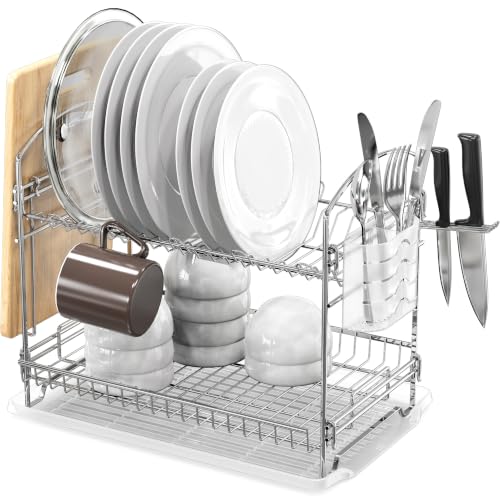 Stainless Steel Dish Rack with Drainboard and Cutlery Basket - Chrome - 2-Tier