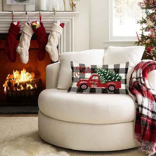 RABUSOFA Christmas Pillow Covers 12x20 Black and White Buffalo Plaid Red Truck Christmas Decorations Winter Decorative Throw Pillow Cases Farmhouse Holiday Xmas Lumbar Cushion Covers for Couch