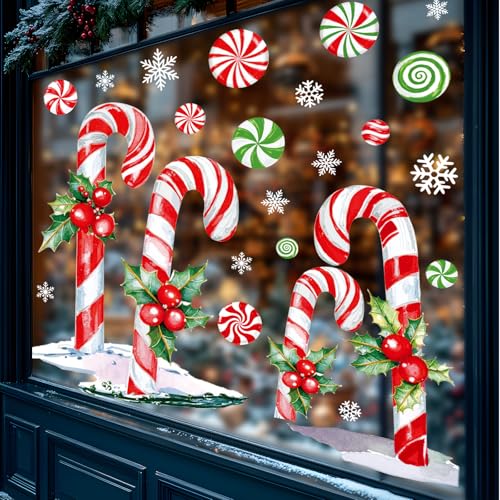 Extra Large Christmas Window Clings 13.8 x 35.4 in - 3 Sheets Red Green Candy Cane Holly Decor