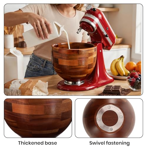Wood Mixing Bowl for KitchenAid 5QT - Acacia Wooden Batter & Dough Bowl with Stainless Steel Locking Base