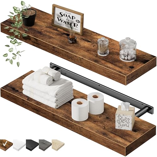 QEEIG Bathroom Long Floating Shelves Set of 2 - Rustic Brown 23.6 Inch Wall Shelves