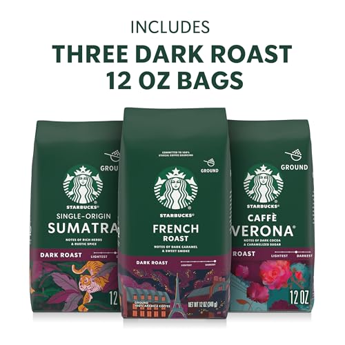 Starbucks Ground Coffee Variety Pack - Dark Roast 3 x 12 oz Bags - Sumatra, Verona, French Roast