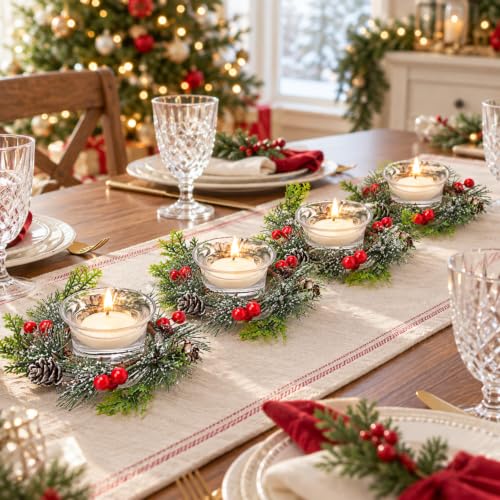 Christmas Candle Ring Wreath Set with Votive Candles & Holders - Holiday Decor