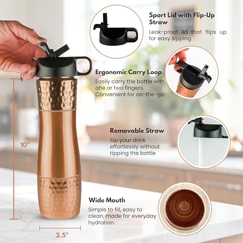 Copper Water Bottle with Straw & Sports Lid - Black Lid, 33.5oz / 950ml