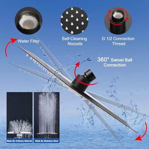 NearMoon Matte Black 8-Inch Square Filtered Rain Shower Head & Handheld Combo with 5 Settings, Self-Adhesive Holder & 1.5M Hose