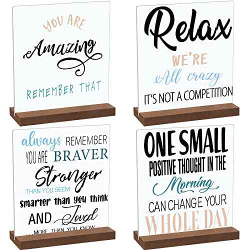 4 Pcs Inspirational Gifts Desk Decor Office Positive Motivational Quotes Employee Appreciation Gifts Wooden Plaque Sign with Stand Decoration for Home Table Shelf Thanksgiving Christmas(Classic Style)